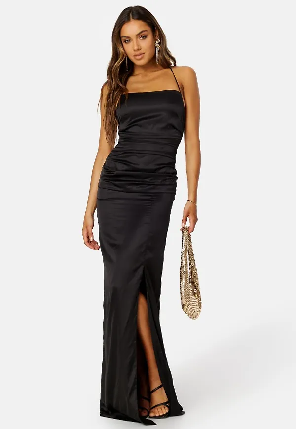 Bubbleroom Occasion Ruched Satin Strap Gown Black 44