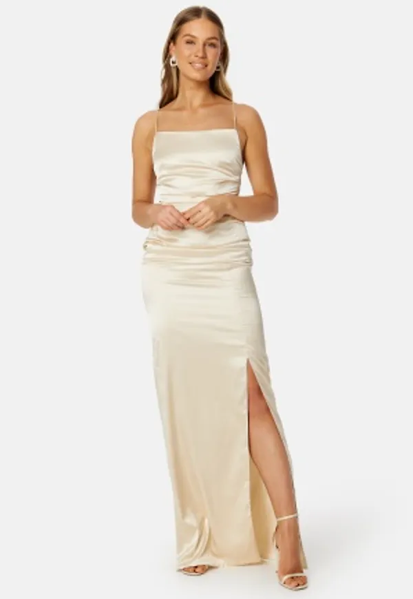 Bubbleroom Occasion Ruched Satin Strap Gown Cream 46