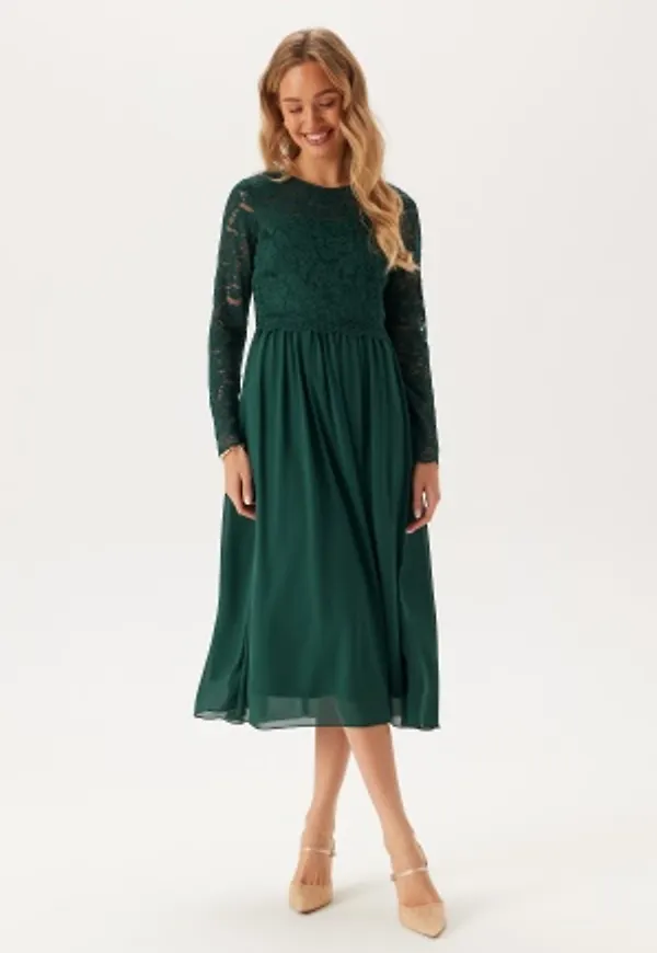 Bubbleroom Occasion Lace Long Sleeve Midi Dress Dark green 34