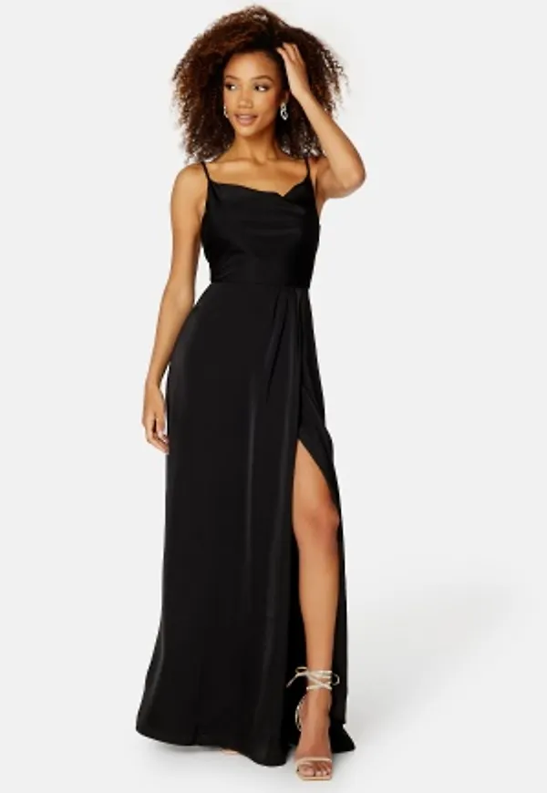 Bubbleroom Occasion Waterfall High Slit Satin Gown Black 46