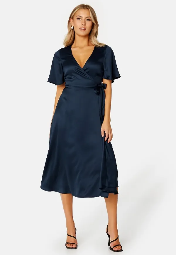 Bubbleroom Occasion Butterfly Sleeve Wrap Satin Dress Dark blue 34