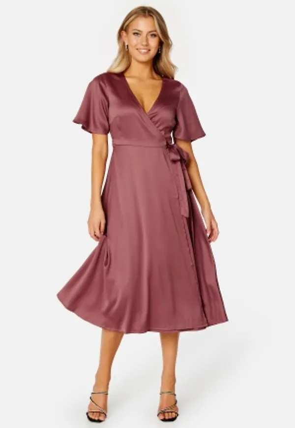 Bubbleroom Occasion Butterfly Sleeve Wrap Satin Dress Old rose 36