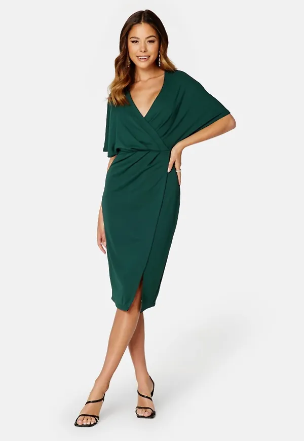 Bubbleroom Occasion Wrap Slit Midi Dress Dark green 44