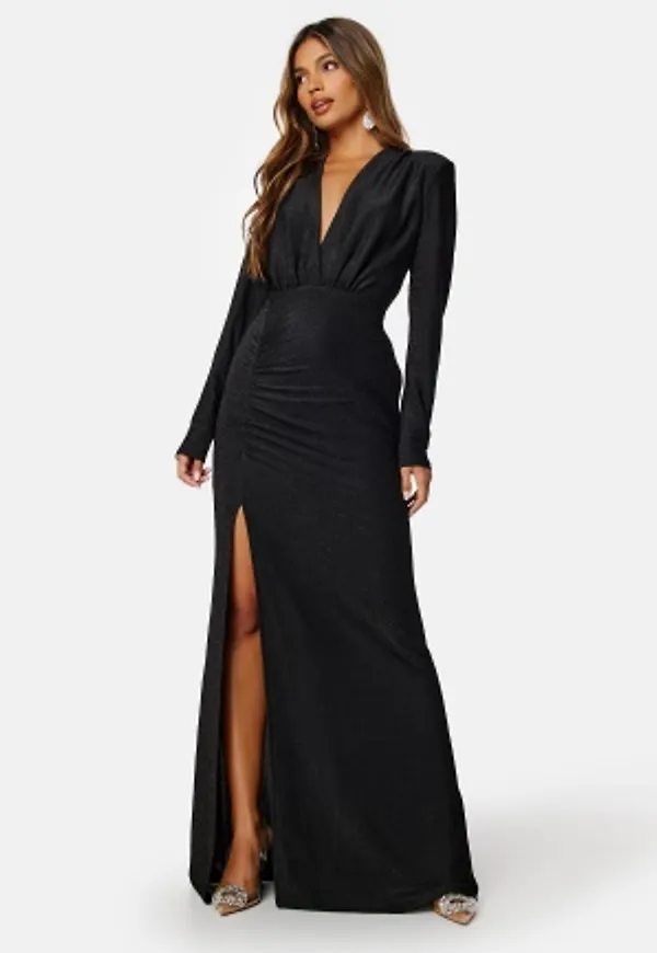 Bubbleroom Occasion Sparkling Ruched Slit Gown Black XS