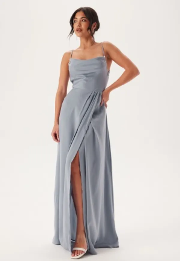 Bubbleroom Occasion Waterfall Slit Satin Gown Light blue 34