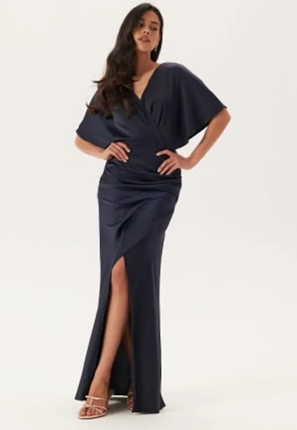 Bubbleroom Occasion Wrap Satin Gown Navy 44