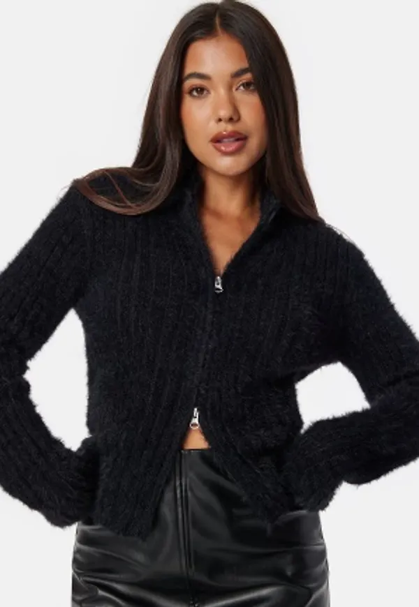 BUBBLEROOM Rib Knitted Zip Cardigan Black XL