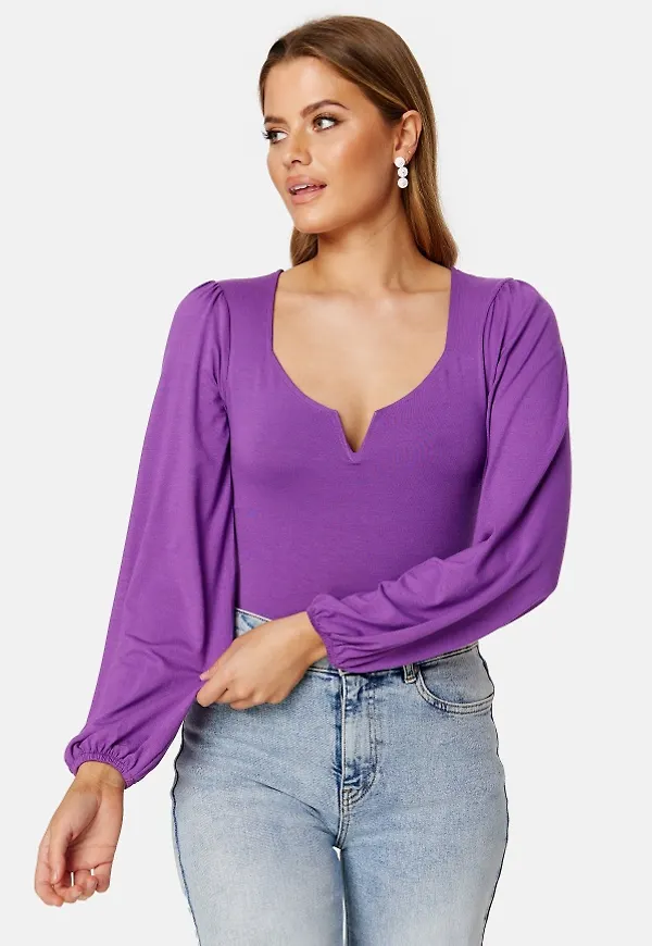 BUBBLEROOM Square V-neck Puff Sleeve Top Purple XS