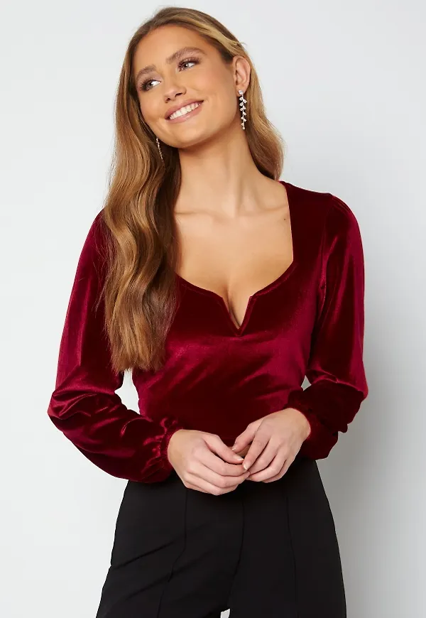 BUBBLEROOM Rudina puff sleeve velvet top Wine-red L