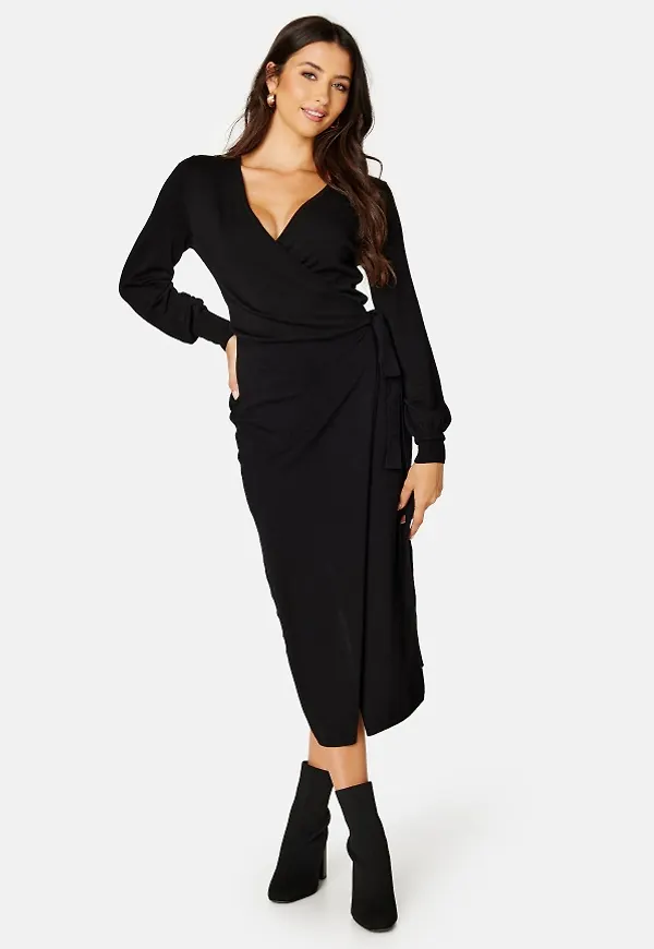 BUBBLEROOM Ryann knitted wrap dress Black S
