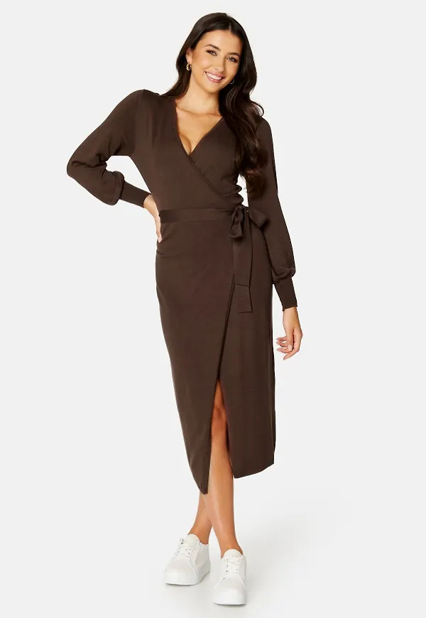 BUBBLEROOM Ryann knitted wrap dress Dark brown XL