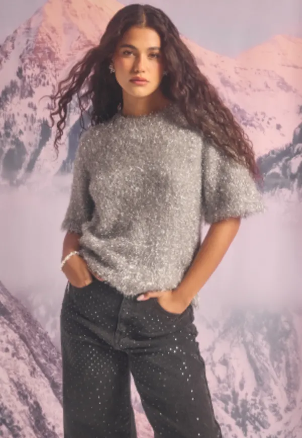 BUBBLEROOM Sparkling Knitted Short Sleeve Sweater Silver L