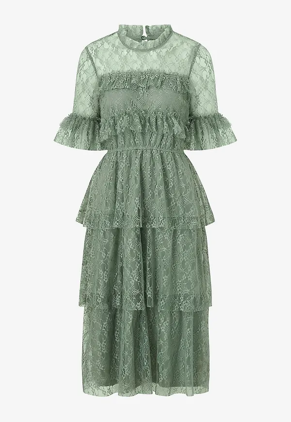 Bubbleroom - Spetsklänning Frill Lace Midi Dress - Grön