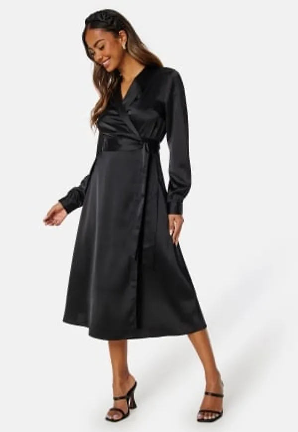 BUBBLEROOM Terilee Satin Wrap Dress Black 44