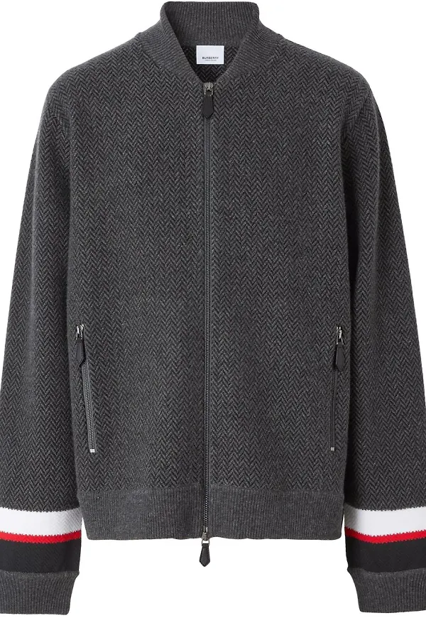 Burberry fiskbensmönstrad bomberjacka med randdetalj - Grå