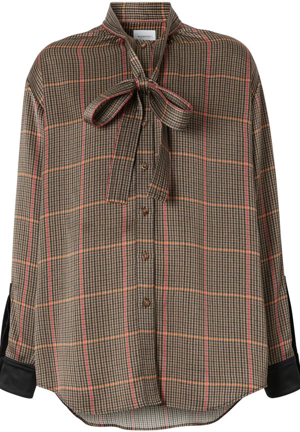 Burberry hundtandsmönstrad blus med knytkrage - Brun