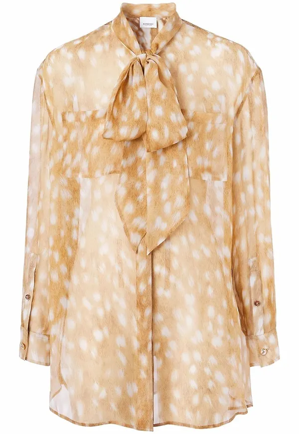 Burberry mönstrad sidenblus med knytkrage - Brun