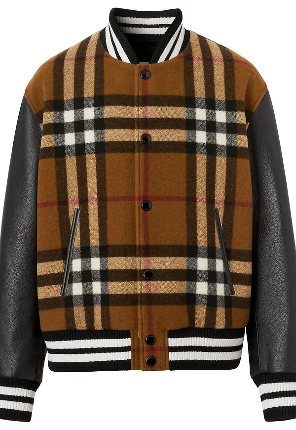 Burberry rutig bomberjacka med läderärm - Brun