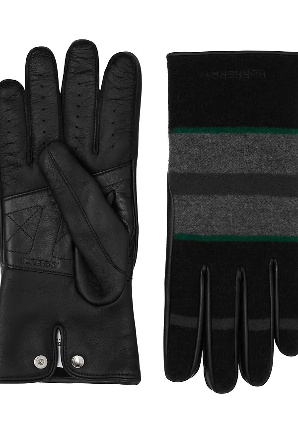 Burberry striped leather-trimmed wool gloves - Grå