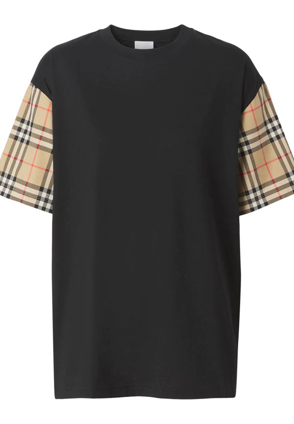 Burberry t-shirt med vintagerutig ärm - Svart