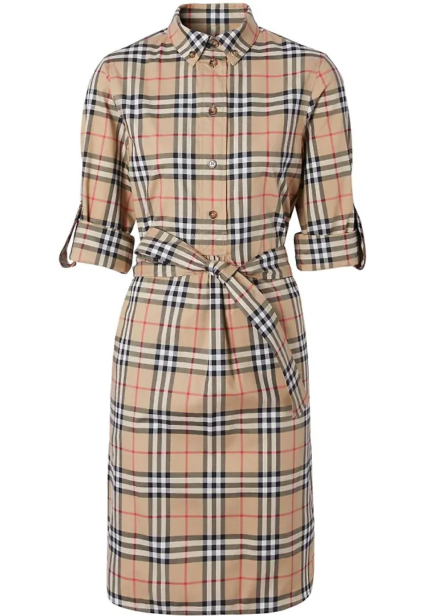 Burberry vintagerutig skjortklänning med knytning i midjan - Brun
