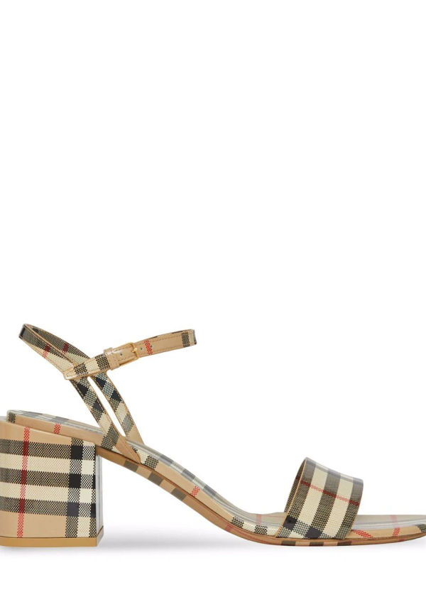 Burberry vintagerutiga sandaler i lackat läder - Neutral