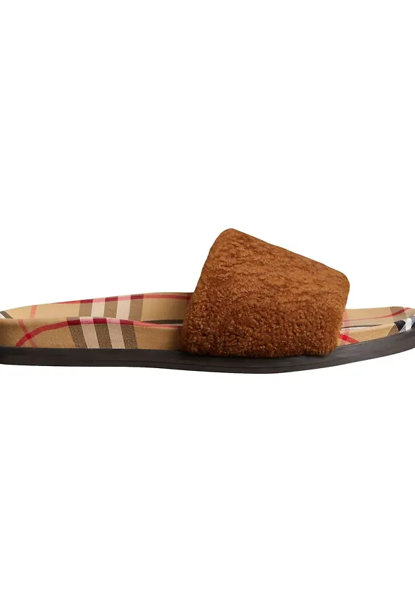 Burberry vintagesv-SEtiga tofflor i fårskinn - Brun