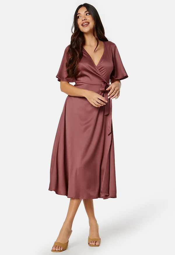 Butterfly Sleeve Wrap Satin Midi Dress