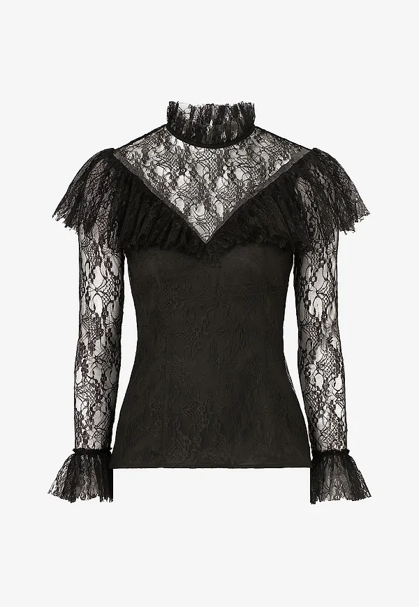 By Malina - Spetstopp Joelle Polo Neck Lace Top - Svart