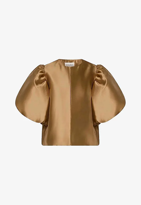 By Malina - Blus Cleo Puff-Sleeve Satin Blouse - Beige