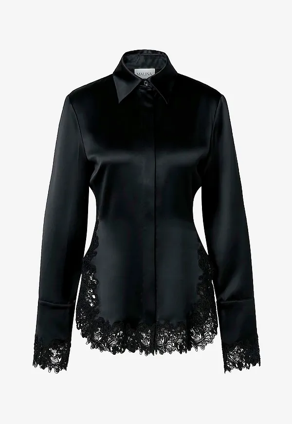 By Malina - Skjorta Malou Satin Lace Hem Shirt - Svart
