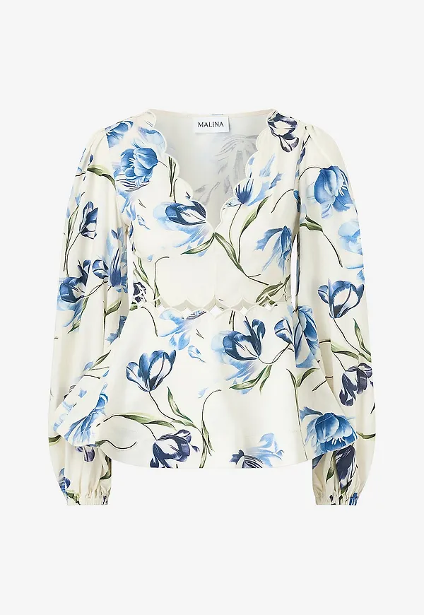 By Malina - Topp Maya Scalloped Balloon Sleeve Blouse - Blå