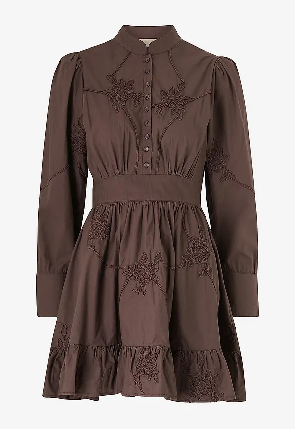 byTimo - Klänning Embroidery Poplin Mini Dress - Brun