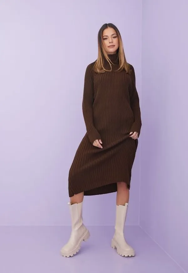 Y.A.S Yasmavi Ls Knit Roll-Neck Dress - C Stickade klänningar Chocolate Fondant