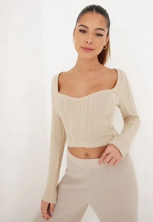 NLY Trend Flirty Cable Top Långärmade toppar Beige