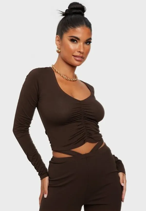 NLY Trend Sweetheart Rouched Top Långärmade toppar Brun