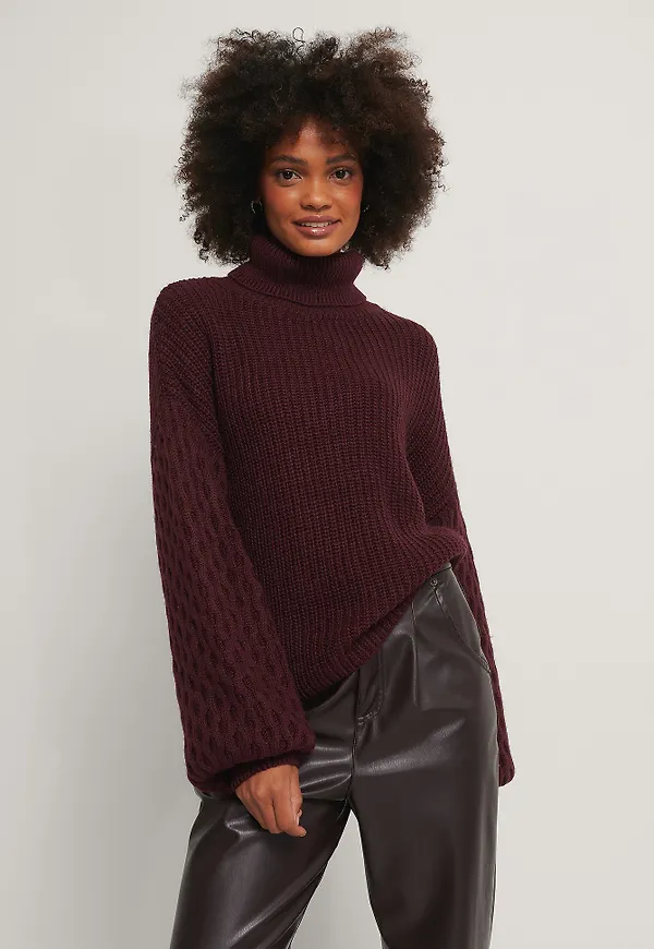 NA-KD Stickad Tröja Med Polokrage - Burgundy