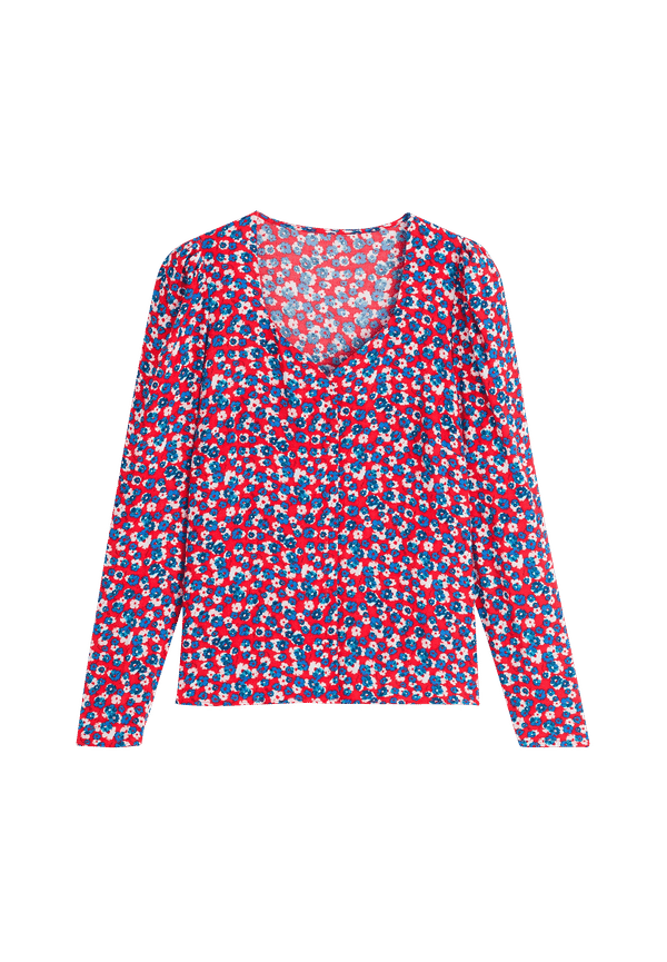 La Redoute - Blommig blus med V-ringning och lång ärm - Röd