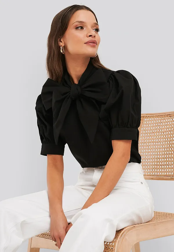 NA-KD Trend Puff Short Sleeve Pussy Bow Shirt - Black