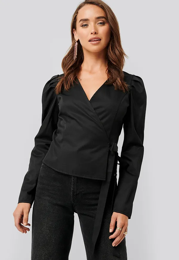 NA-KD Wrap Over Long Sleeve Blouse - Black