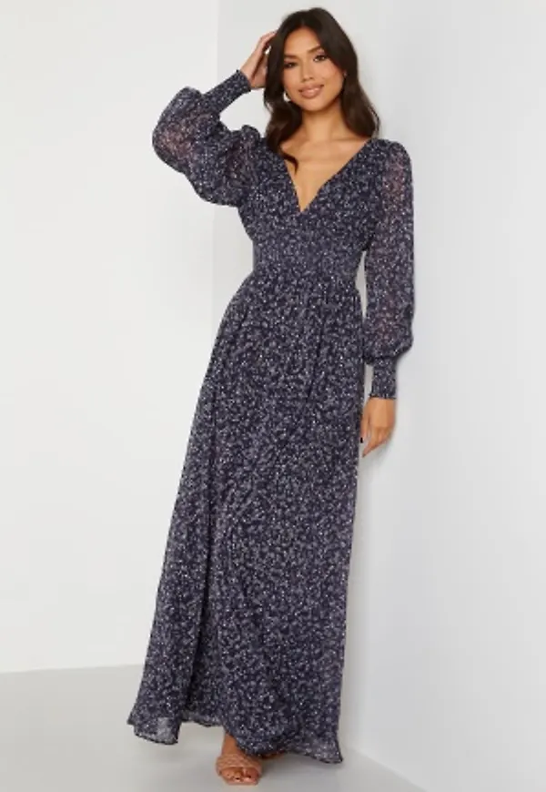Goddiva Ditsy Long Sleeve Shirred Maxi Dress Navy S (UK10)