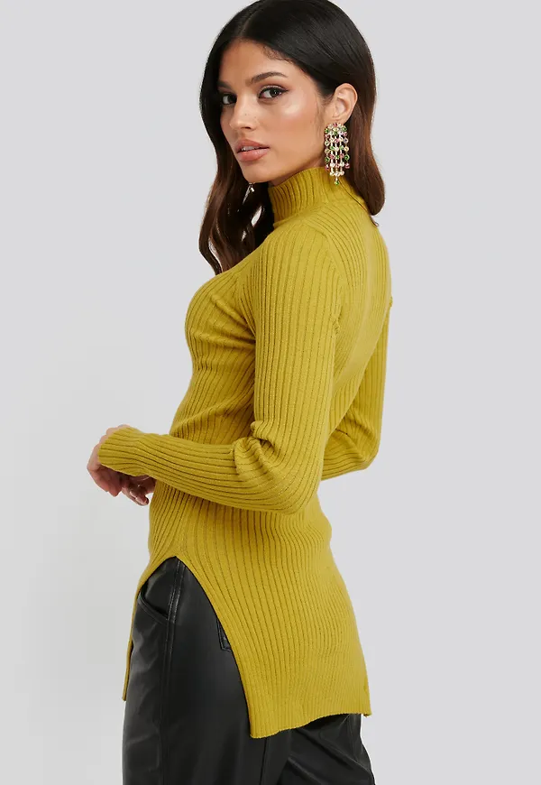 NA-KD Side Split Ribbed Sweater - Yellow