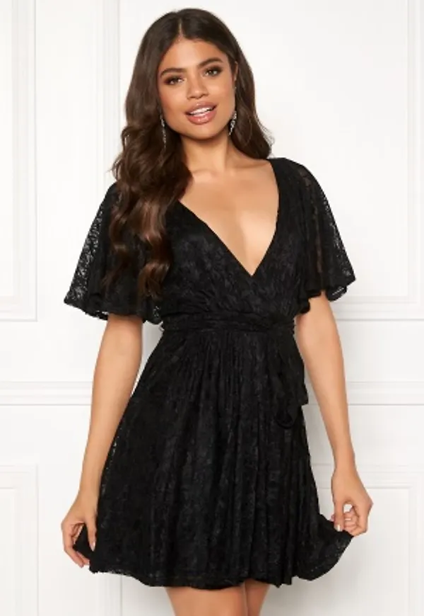 Goddiva Flutter Lace Skater Dress Black XXS (UK6)