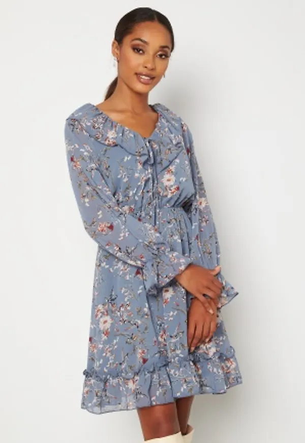 ONLY Maisie L/S Frill Dress Cloud Dancer AOP Blu M