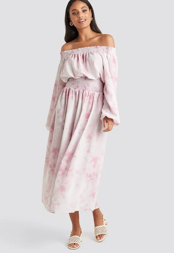 NA-KD Trend Tie Dye Off Shoulder Midi Dress - Pink