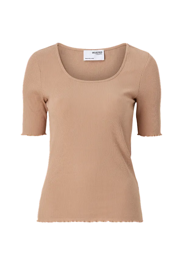 Selected FEMME - Topp slfAnna SS U-neck Tee - Brun