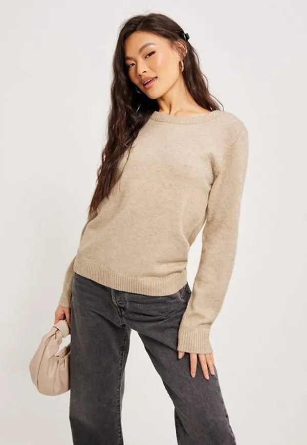 Vila Viril O-Neck L/S Knit Top - Noos Stickade tröjor Natural Melange