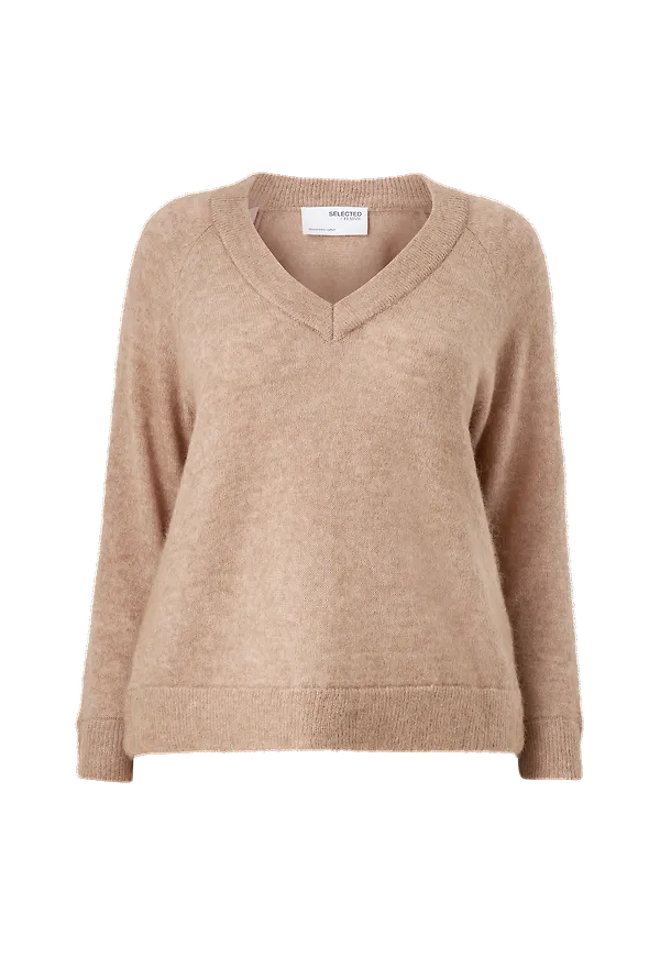 Selected FEMME CURVE - Tröja slFia LS Knit V-neck - Natur