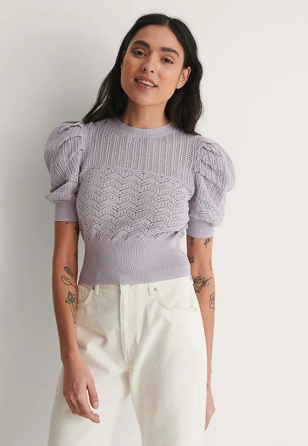 NA-KD Reborn Ekologisk Stickad Topp Med Puffärm - Purple
