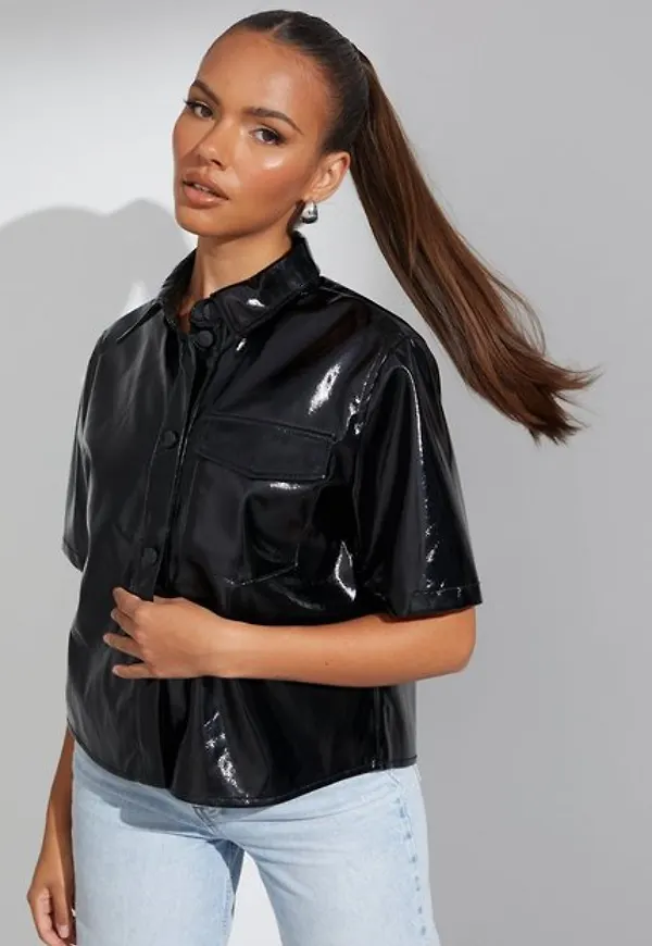JJXX Jxvida Ss Short Faux Leather Shirt Skjortor Black Shiny
